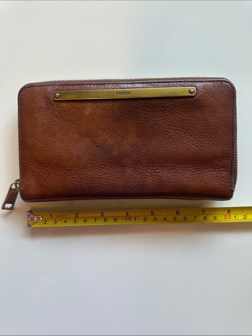 Fossil Brown Leather Zip-Around Wallet with Brass Plate